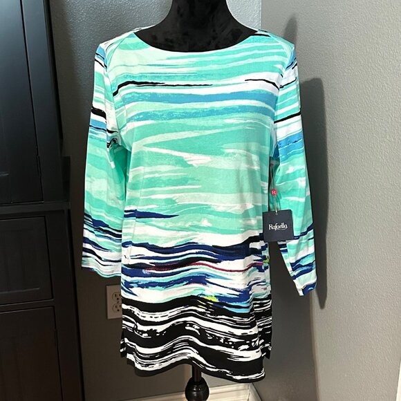 Rafaella Tops - Rafaella Blouse L Abstract Green Blue 3/4 Sleeve Casual Coastal Beachy Chic NWT